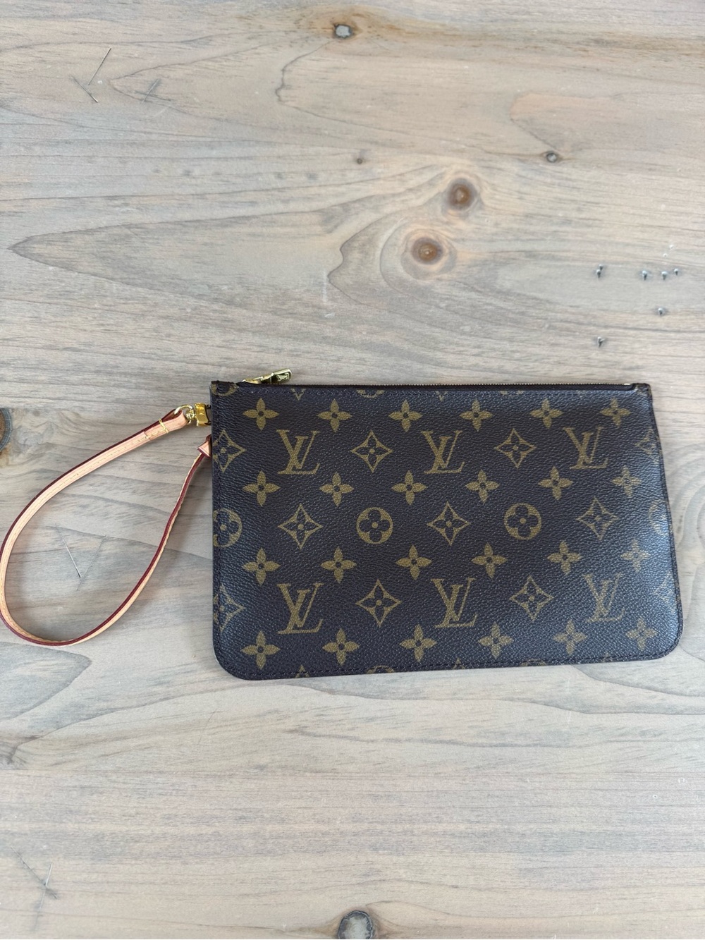 Louis Vuitton Monogram Canvas Pouch Wristlet in Brown and Tan. 100% Authentic.